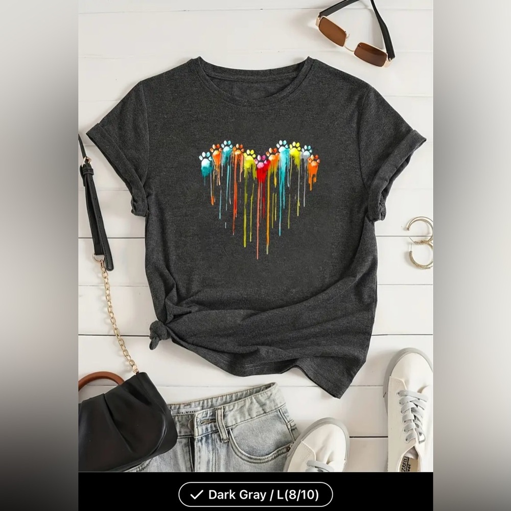 *FREE GIFT GIVEAWAY* NEW TSHIRT, large dark grey, multicolored paw heart